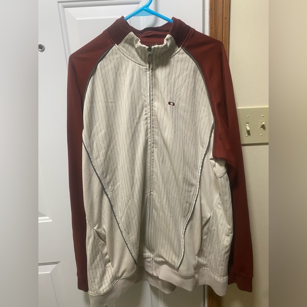 Oakley Software Era Vintage Full Zip Jacket Burgundy Beige Pinstriped Size 2XL